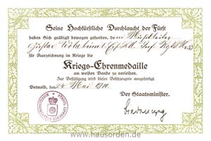 Urkunde zur Kriegsehrenmedaille