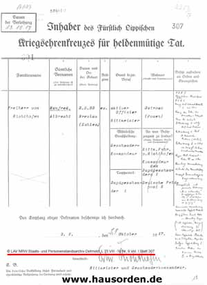 Empfangsbestätigung Kriegsehrenkreuz von Richthofen